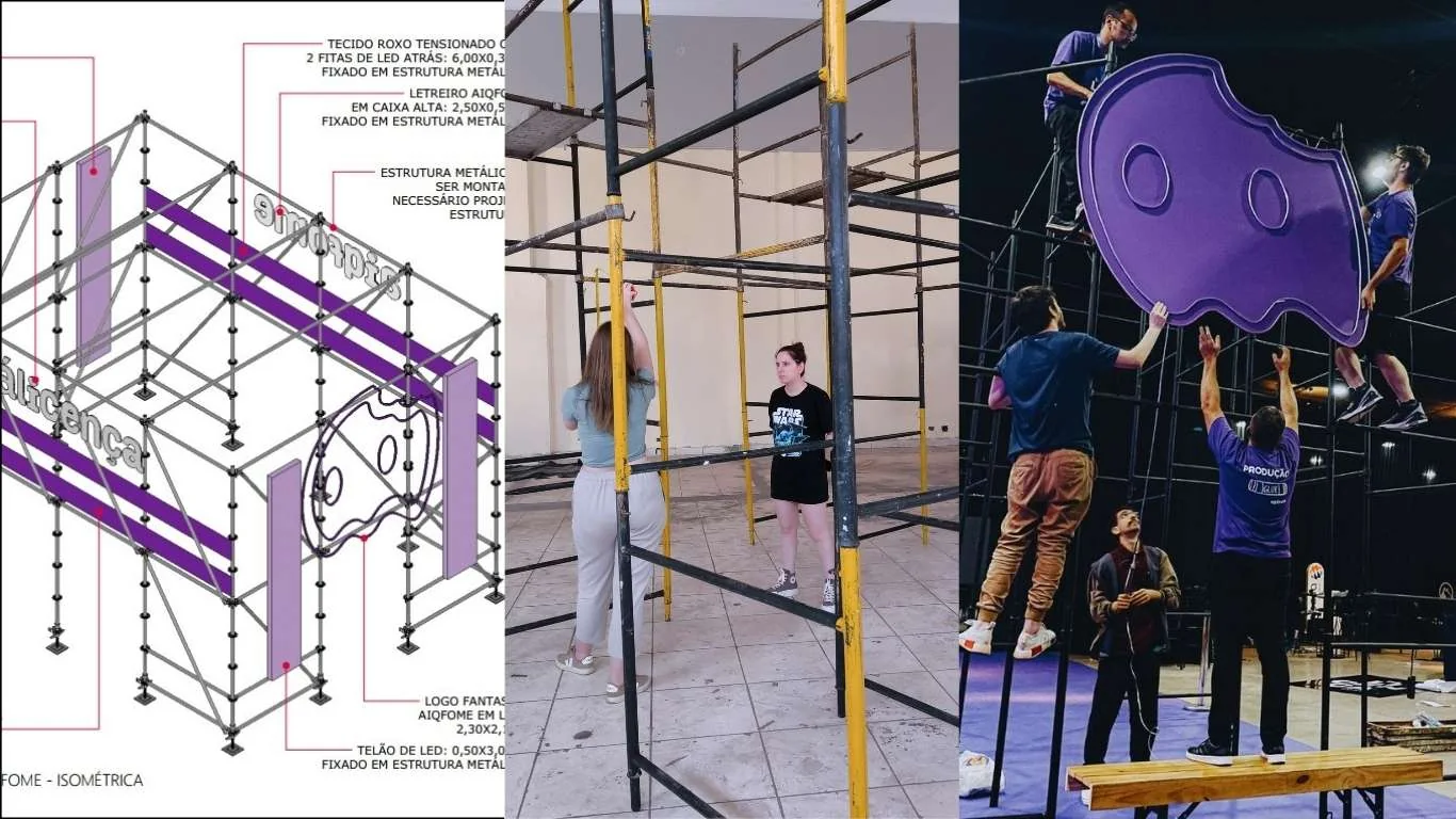 Composição com projeto, teste e montagem da ativação central do Aiqfome Dá Licença