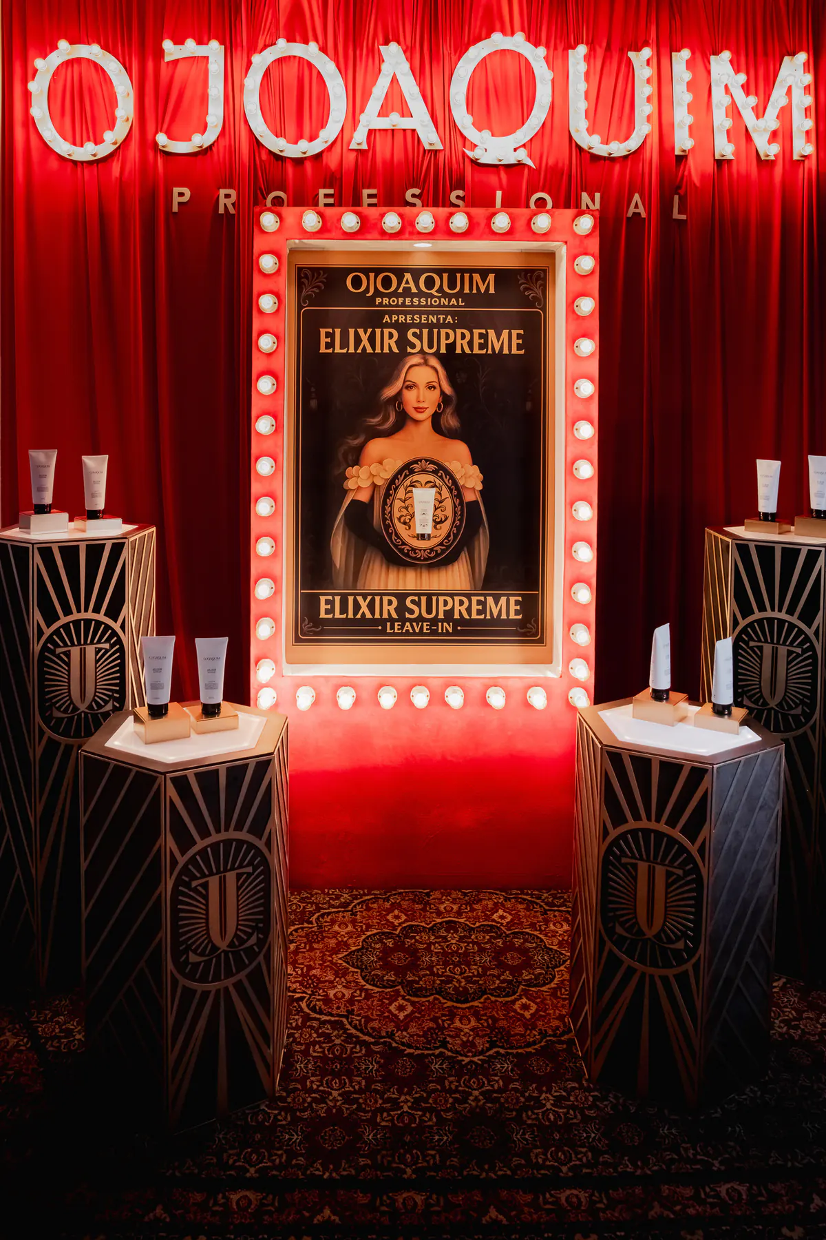 Cenografia de lançamento do Elixir Supreme no Beautyland da OJOAQUIM Professional